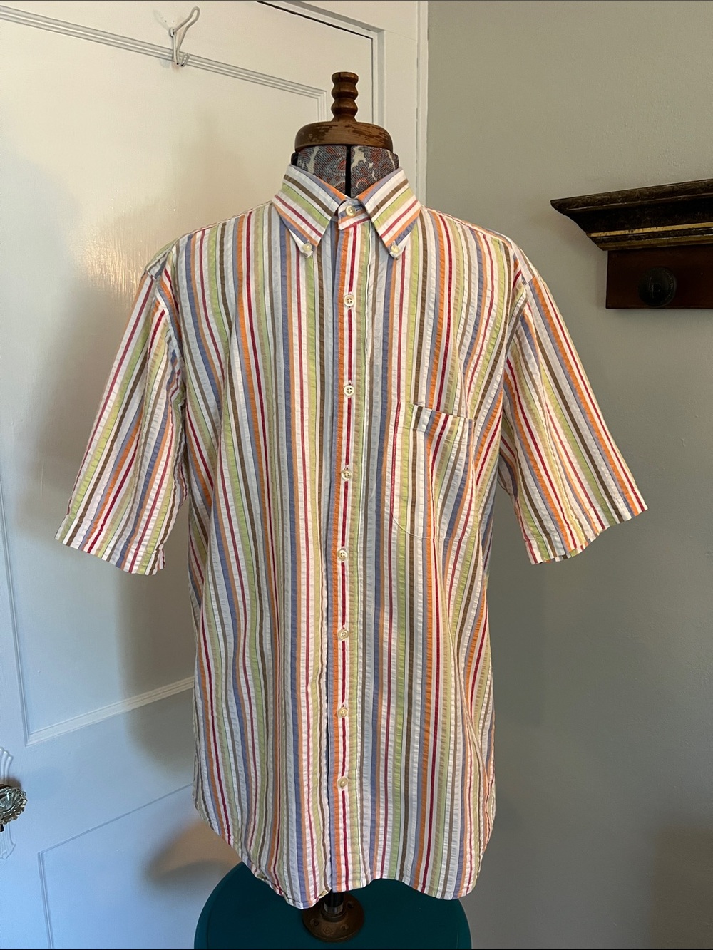 Men’s Lands' End Seersucker Multicolor Striped Short Sleeve Button-Down Shirt